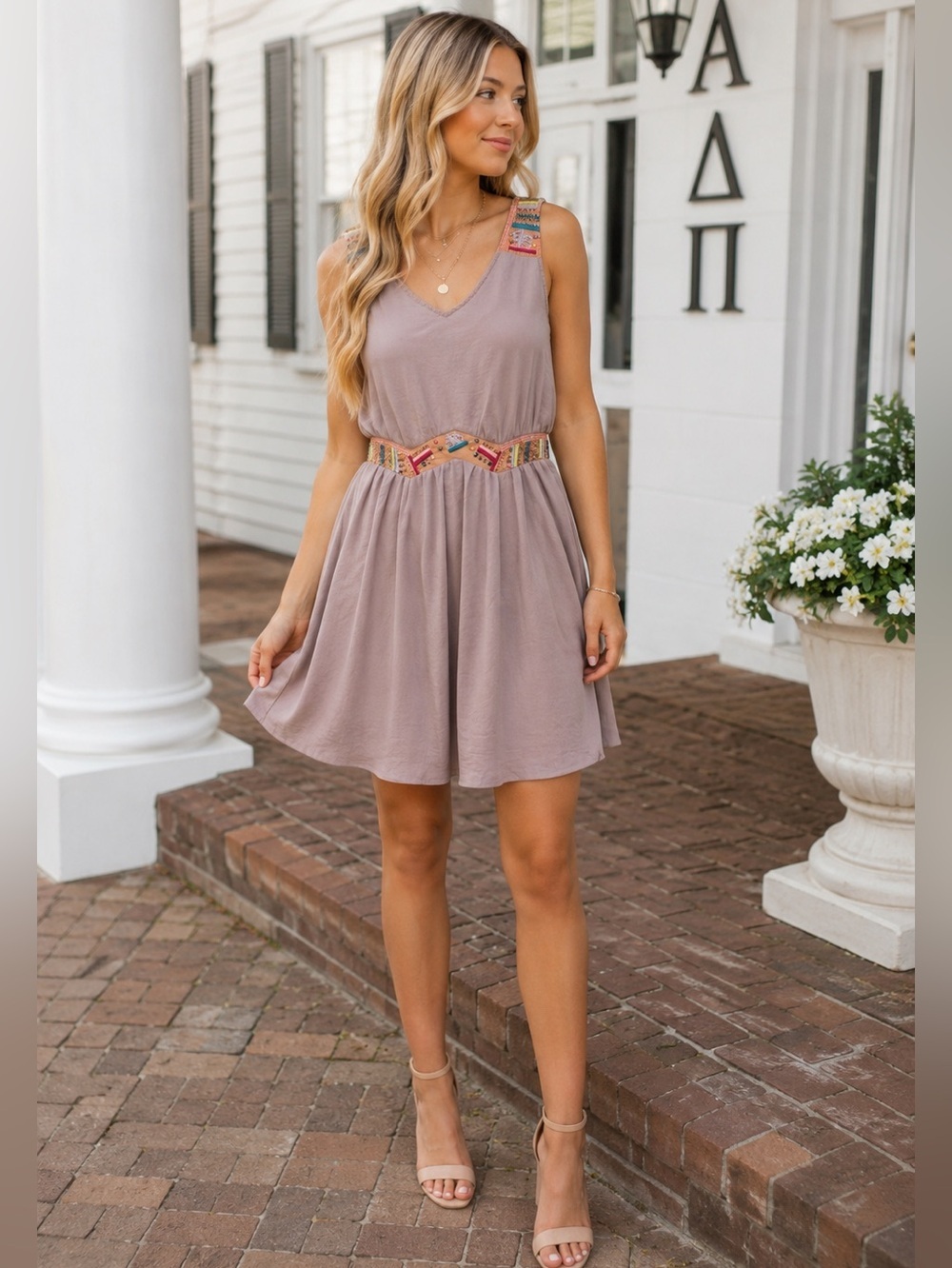Altar’d State Mauve Embroidered Rush Dress S Sorority Pledge Week Flowy Chiffon